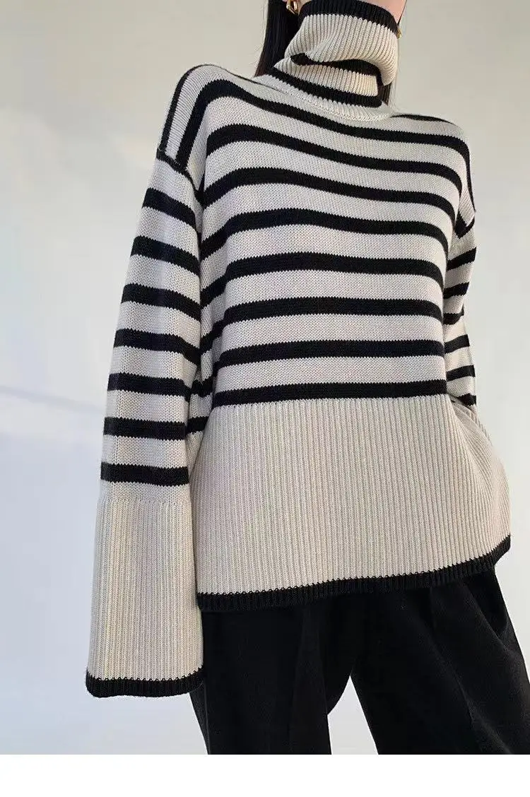 

Cashmere sweater autumn/winter 2021 ladies high-neck thick striped pullover casual knitted oversized tops women jacket Korean