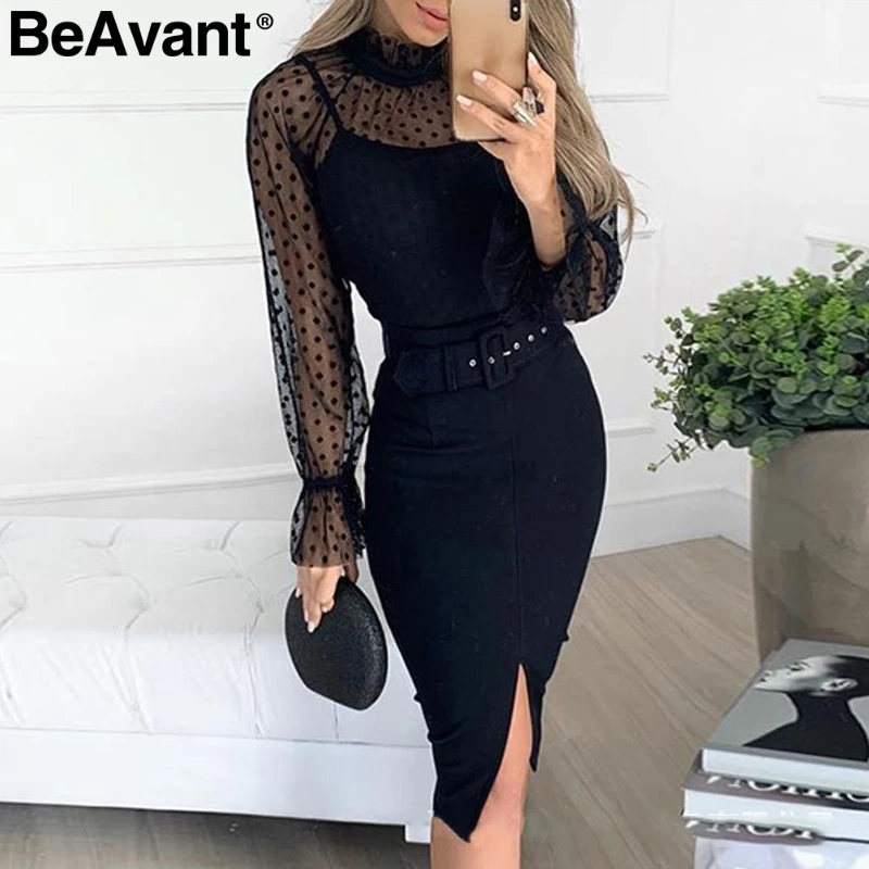Черный BeAvant сексуальное Полосатое кружевное женское платье с пышными рукавами, поясная оболочка, вечернее платье в черный горошек, осенне-зимнее офисное женское платье - Цвет: Черный