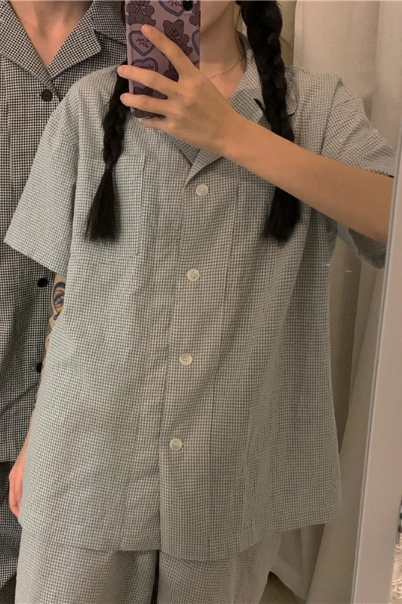 Женский домашний костюм в клетку рубашка с коротким рукавом топ и штаны летний