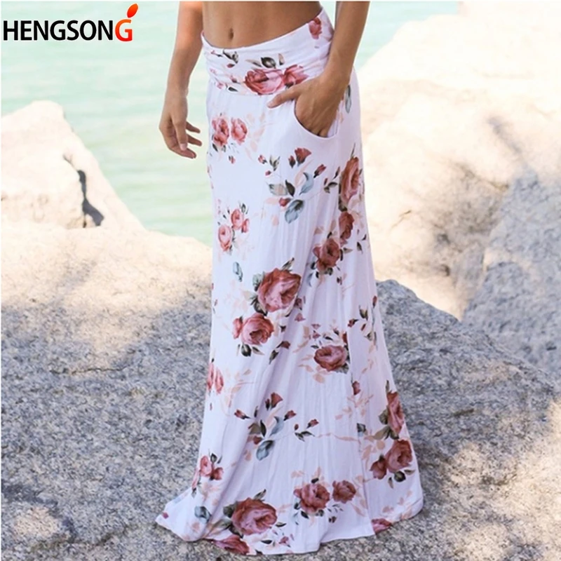 

Boho Women Pocket Casual Beach Long Skirt Flower Printed Maxi Skirts Elastic Waist Faldas Saia Drop Shipping