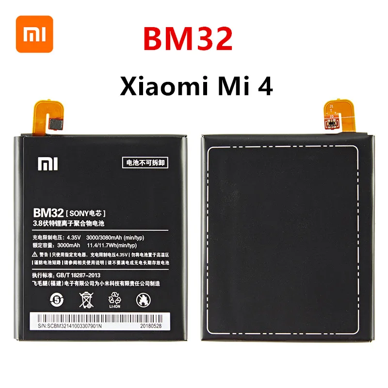 xiao mi 100 orginal bm32 3080mah battery for xiaomi 4 mi 4 mi4 m4 bm32 high quality phone replacement batteries tools free global shipping