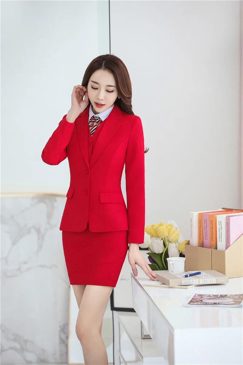 Korean  Fall Winter Fashion Blue Ladies Blazers With Tops And Skirt Blazers & Jackets Sets Business Women Uniform Designs Styles