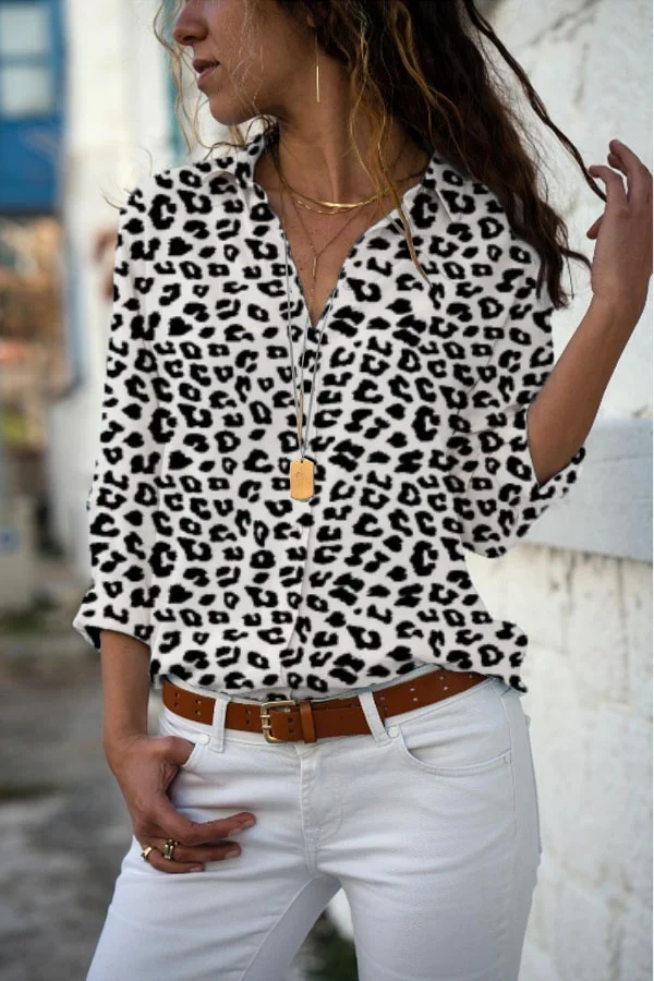 leopard print Женские топы, блузки, осенняя элегантная шифоновая блуза с длинными рукавами и принтом, v-образный вырез, Женская рабочая одежда, рубашки, большие размеры 5XL, блуза с лацканами - Цвет: leopard print