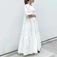 long dress woman 2022 summer fashion pleated white half sleeve korean style sweet female simple elegant dresses for women