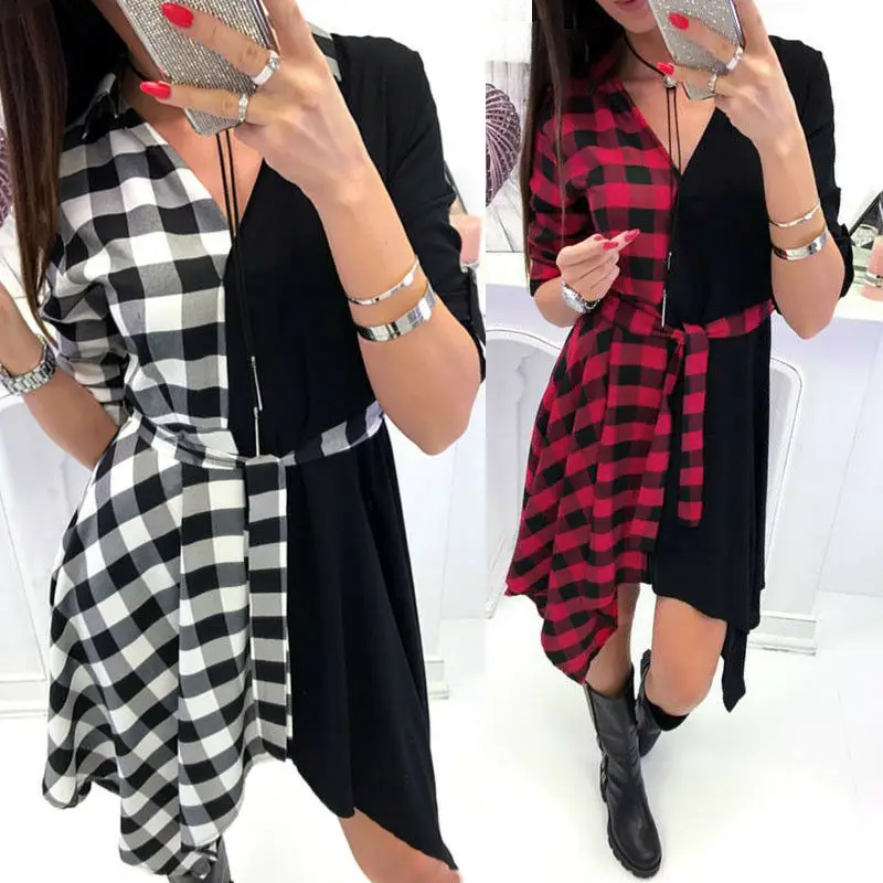 Женское платье-рубашка в клетку с длинным рукавом и v-образным вырезом | Женская
