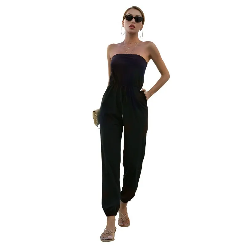 

Solid Color Sleeveless One-shoulder Jumpsuit Pocket Drawstring Beltless Pants Jumpsuit Summer 2021