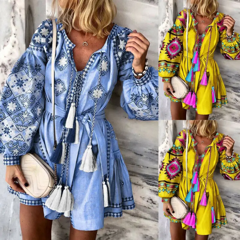 Boho Style Casual V Neck Dress Fashion Long Sleeve Belt Dresses Women Autumn Print Blue Mini Tassel Vestidos Mujer | Женская одежда