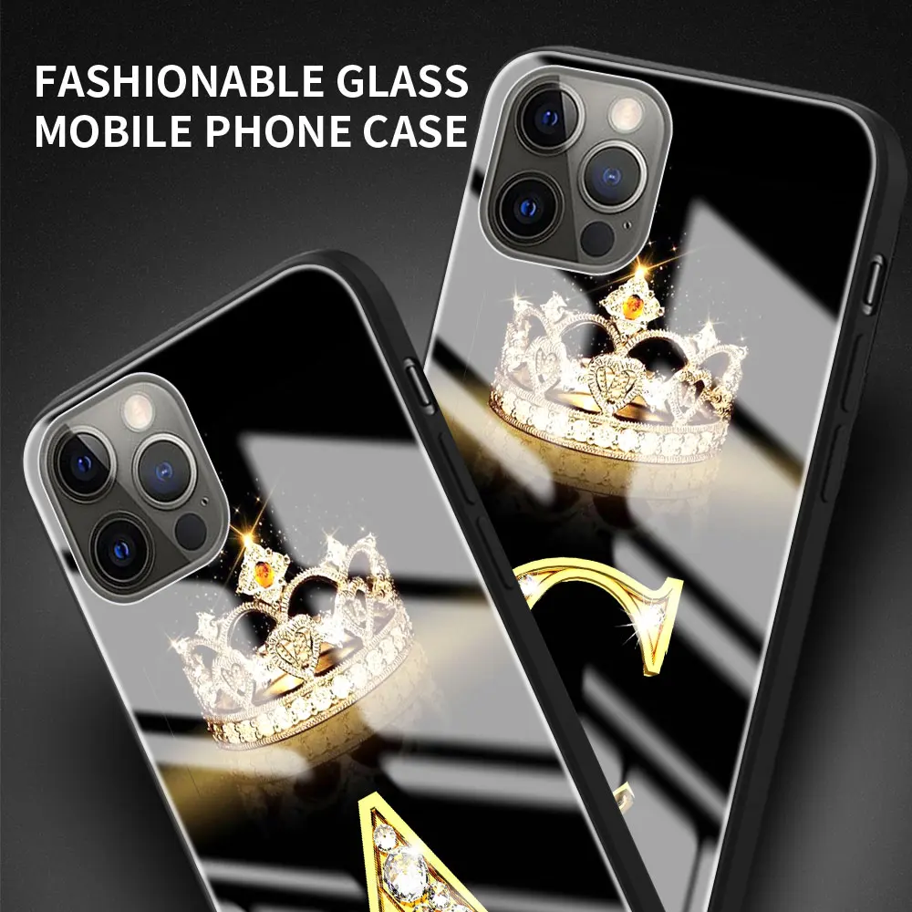 Phone Case for iPhone 11 12 Pro 7 8 XR X 6 6S Plus 5 XS Max SE Tempered Glass Coque Back Cover Diamond Crown Letter 13