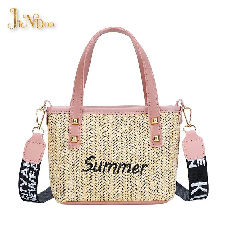 Straw Women Crossbody Bag Vintage Rivent Bucket Handbag For Women Summer Beach Shoulder Pack Bohemia Lady Wide Strap Purse Femme