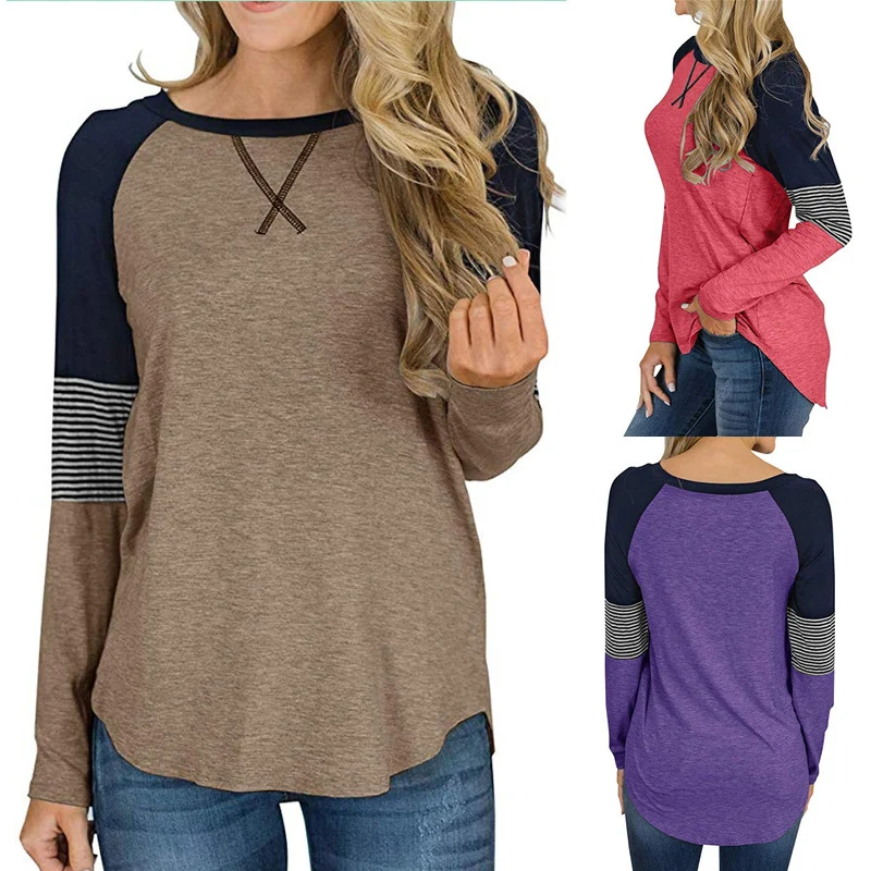 

Women Long Sleeve Stitching Tops Round Neck Casual Loose Ladies T-shirt TC21
