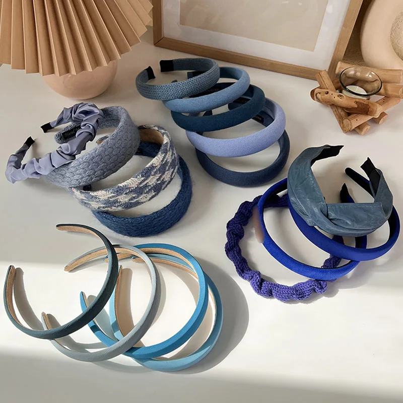 

Korean Blue Bezel Headband for Women Sweet Padded Knitted Sponge Head Hoop Non-slip Headwear Hairband Cotton Hair Accessories
