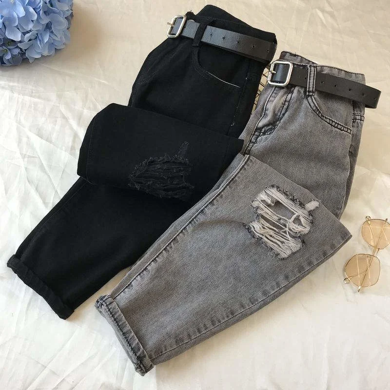 

5XL large street retro women's dress straight hole cowboy loose casual pants harem black high waist women's c6898