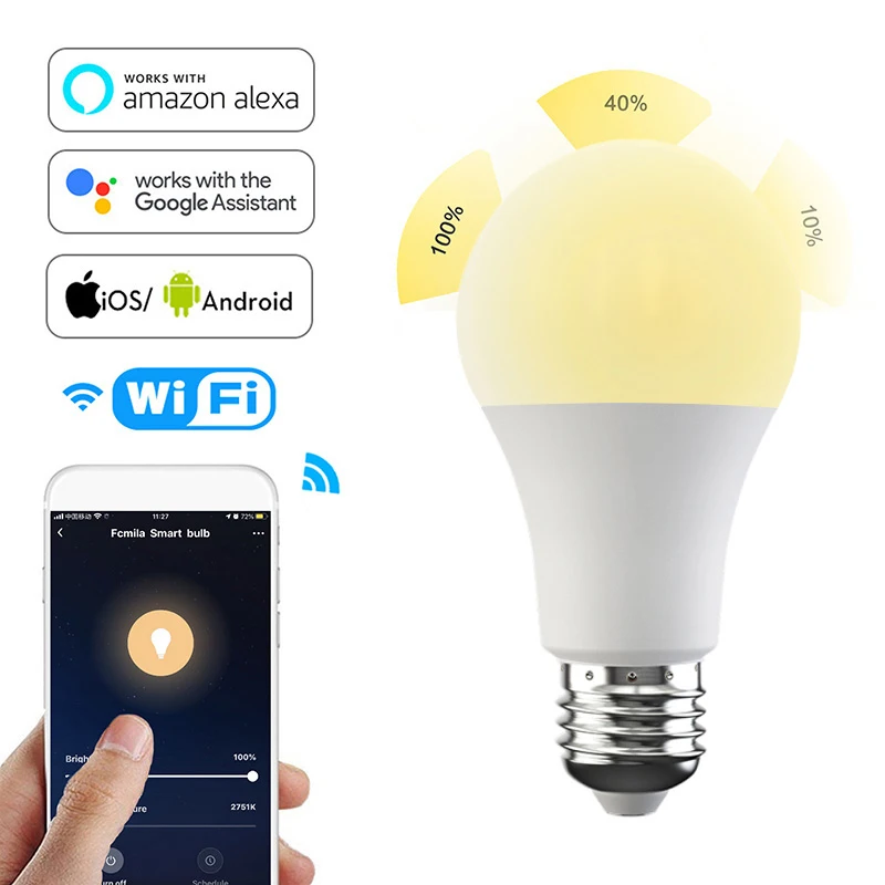 

Умная Светодиодная лампа E27/B22/E26, Wi-Fi, умный светильник совместимый с Alexa, управление через Google Assistant, умный дом, 9 Вт, AC100-265V
