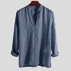 Рубашка мужская однотонная с воротником-стойкой, дышащая льняная блузка для офиса, Пляжная Повседневная Солнцезащитная одежда, 2021