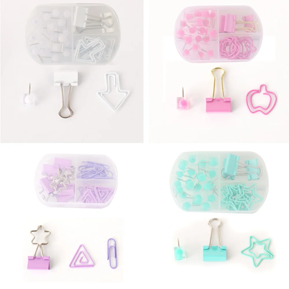 

48pcs/box Coloful Binder Clips Push Pins Paper Clip Kawaii Stationery File Organizer School Office Binding Supplies