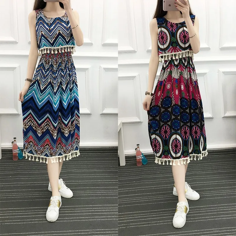 

Women's summer dress cotton silk skirt in the long section was thin and floral bohemian sleeveless beach long skirt robe sexy