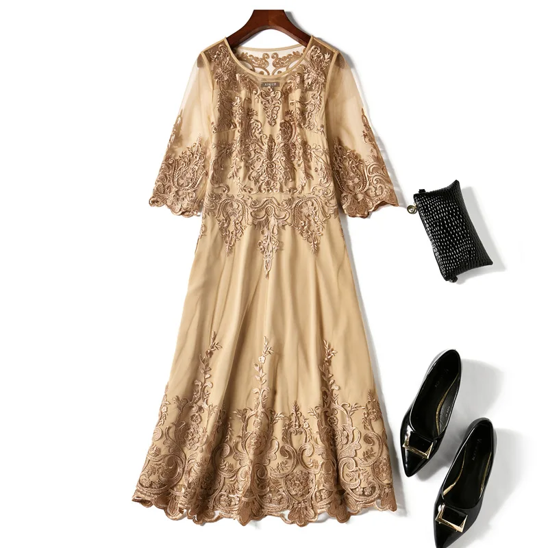 

Style Elegant 1950s Dress 2021 Spring Summer Party Events Women Luxurious Embroidery 3/4 Sleeve Slim Fitted A-Line Dress Mesh