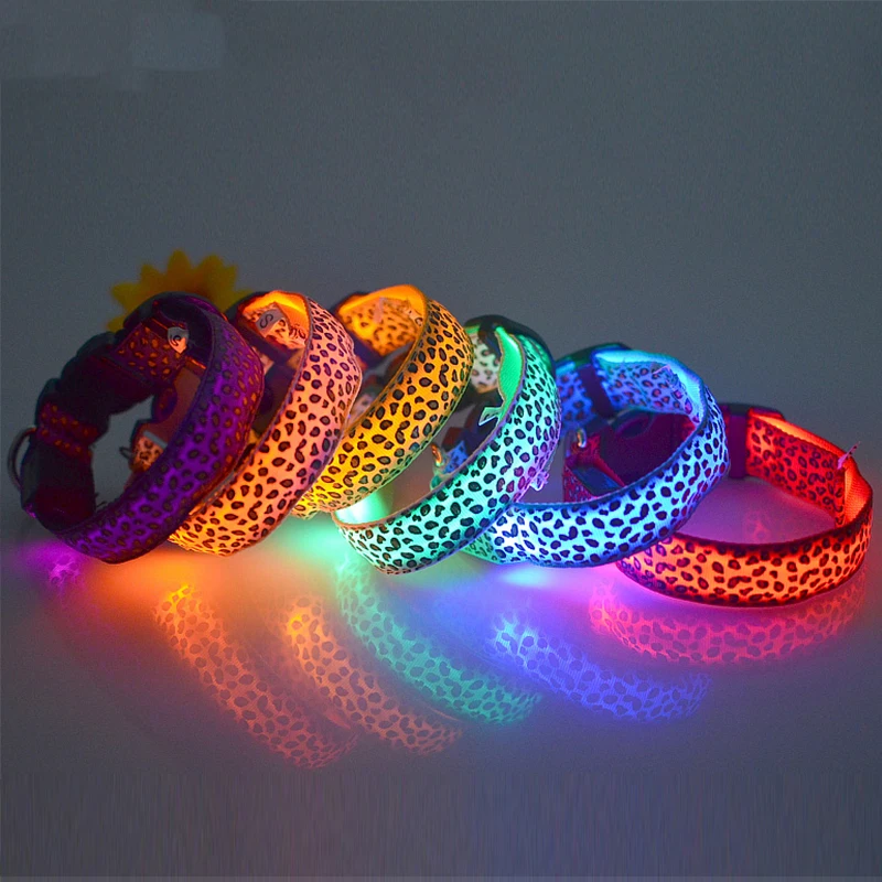 

Nylon Dog Collar Led Light Night Safety Leopard Flashing Glowing Collar For Dogs Light Harness Luminous Collar For Cat Small Pet