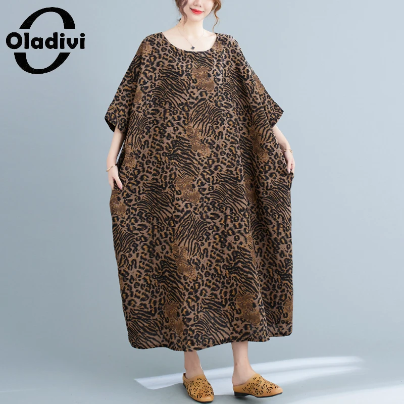 

Платье Oladivi женское оверсайз с леопардовым принтом, хлопково-льняное повседневное Длинное свободное пляжное в стиле бохо, лето 51151, 8XL, 10XL
