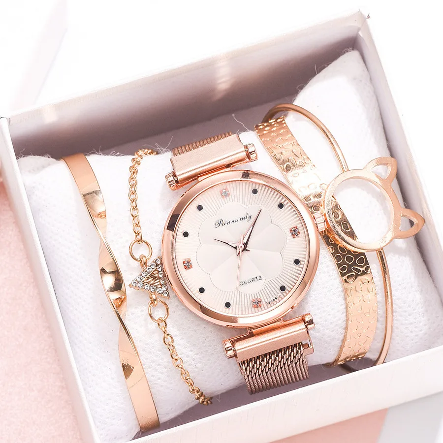 2020 новый сплав часы с сетчатым ремешком женские цветок циферблат Кварцевые 5 шт