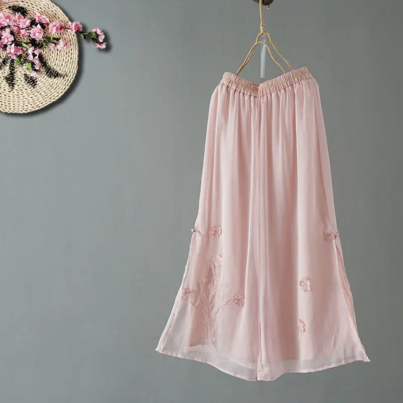 

2021 New Arrival Summer Women All-matched Patchwork Ankle-length Pants Casual Loose Elastic Waist Chiffon Wide Leg Pants P115