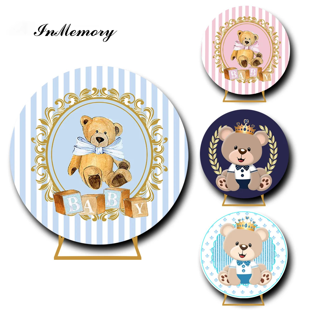 InMemory Cute Bear Round Backdrop Cover Baby Shower Newborn Girl Boy 1st Birthday Party Photography Background Custom Photocall