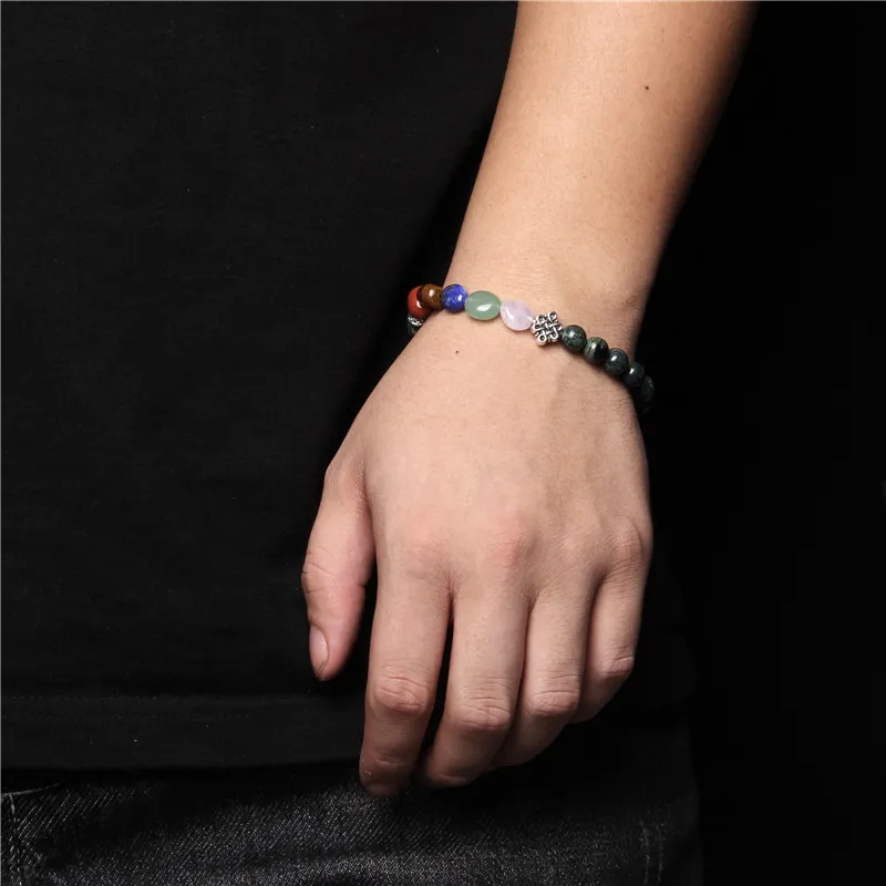 

Silver Color Charm Chinese Knot Pulsera Prayer Jewelry Natural Chakra Stone Beads Bracelets Men Vintage Elastic Bangle For Women