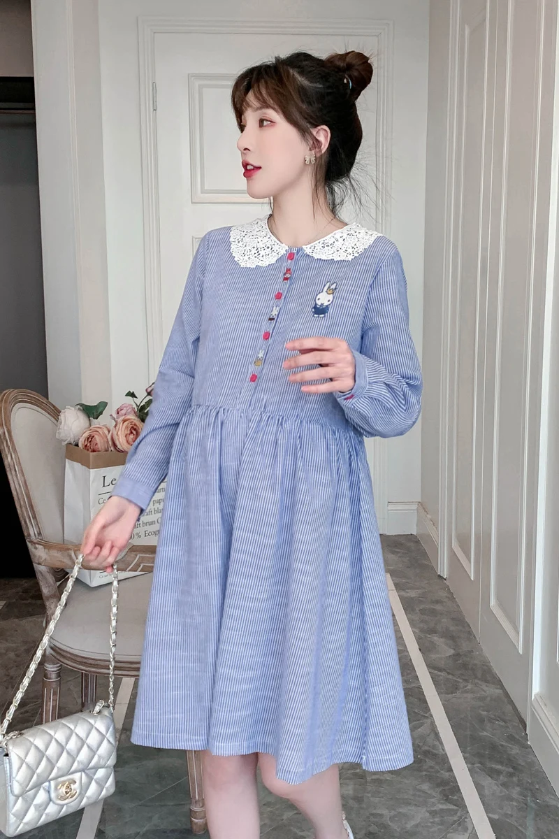 

2072# Spring Korean Fashion Cotton Maternity Blouse Dress A Line Loose Shirt Clothes for Pregnant Women Long Sleeve Pregnancy