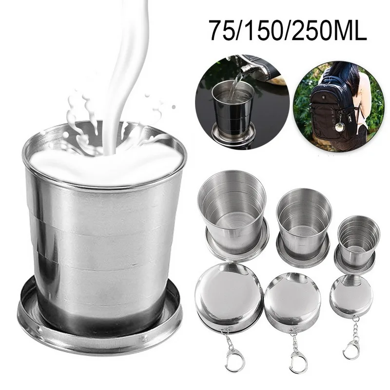 

1PC Stainless Steel Folding Cup With Keychain Camping Folding Cups Traveling Outdoor Collapsible Cup with Lid Portable Drinkware