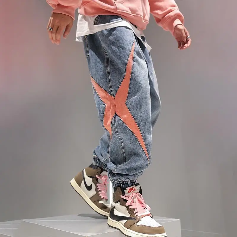 

Mens Patchwork Jeans Men's Harlan Jeans Ankle Banded Pants Men's Cargo Pants Elastic Waist Capri Pants Men Hip Hop Jeans Pants