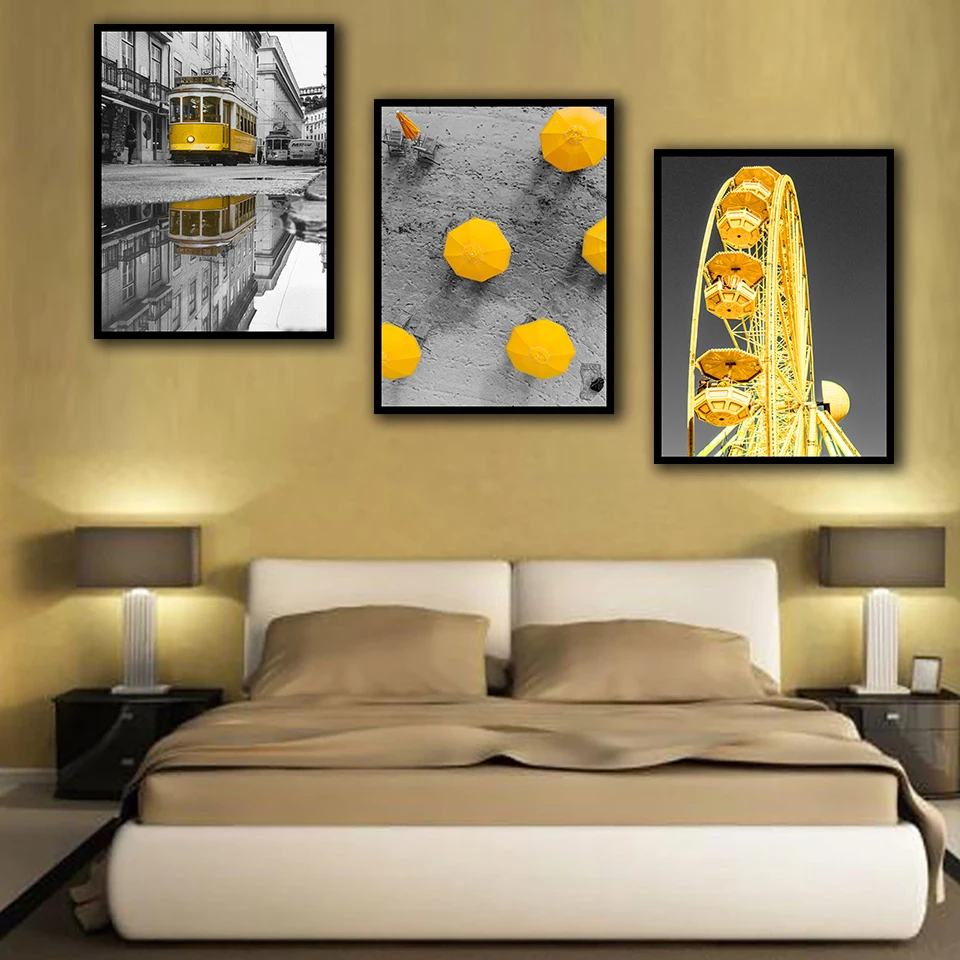 Скандинавский постер с ландшафтом колесо обозрения оранжевый автобус