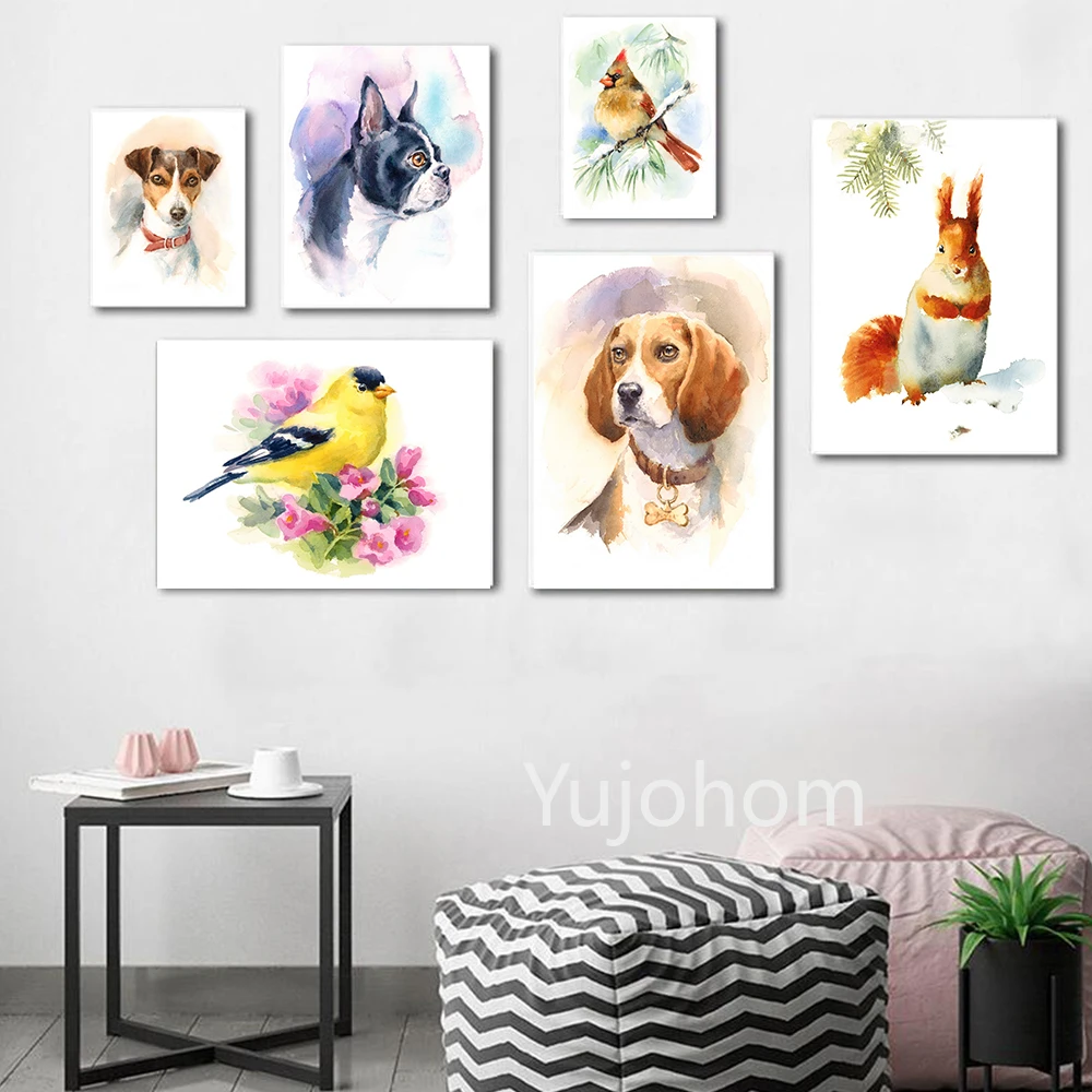 Современная декоративная Акварельная птица милая собака курица Картина на