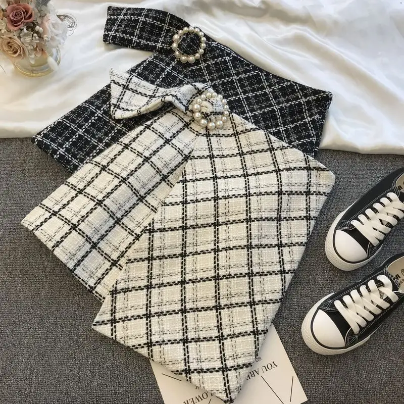 

British Plaid Skirt Tall Waist Bag Hip Mini Irregular Nail Bead Winter Skirts