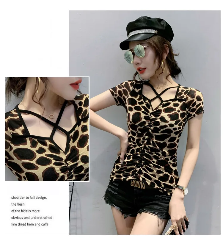 

Summer Korean Style Mesh T-Shirt Fashion Leopard Print Hollow Out Women Tops Short Sleeve Sexy Bottoming Shirt Tees 2021 T15209A