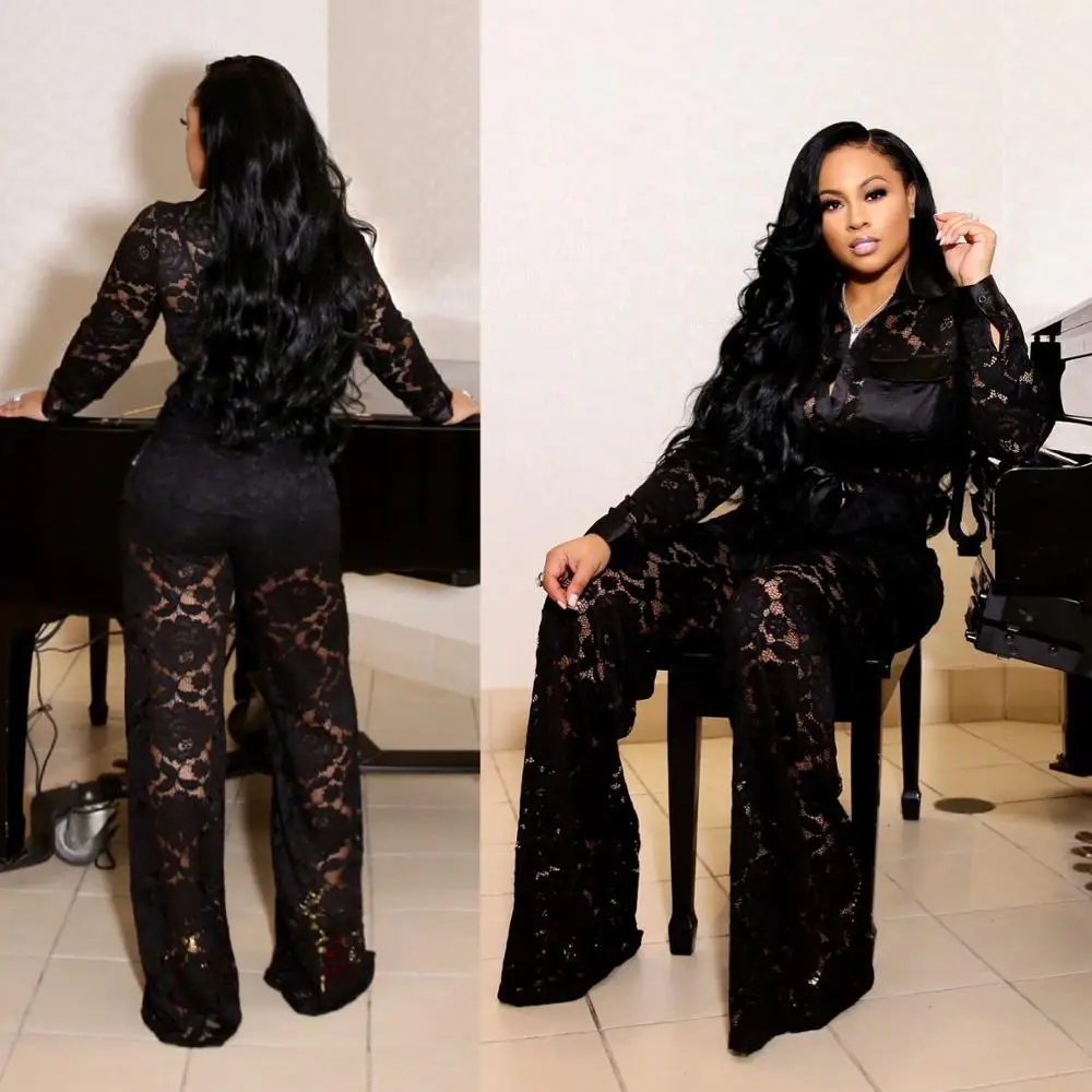 

Lace See Through Patchwork 2 Piece Set Turn-Down Collar Single-Breasted Full Sleeve Top And Elastic Waist Wide Leg Trousers