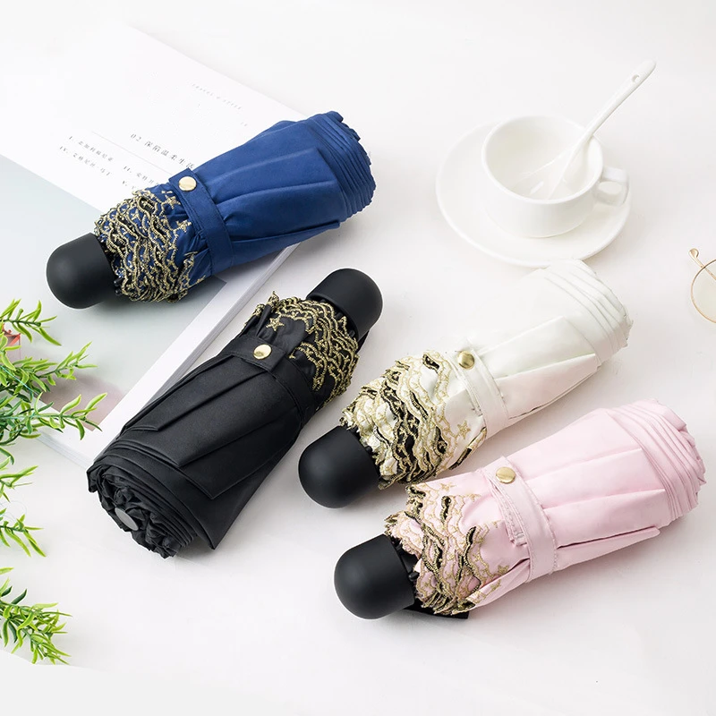Girls Romantic Embroidery Lace 5-Folding Umbrella Women Anti-UV Sunny Umbrellas Portable Mini Travel Waterproof Umbrellas