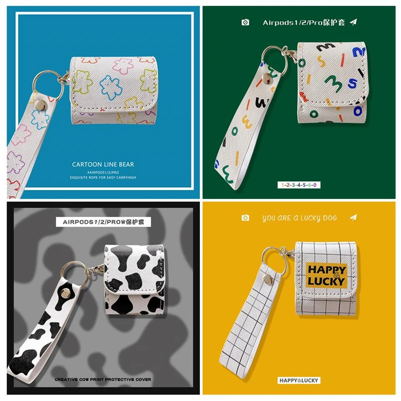 

Мультяшный счастливый чехол из искусственной кожи PU для Apple Airpods 1 2 pro со шнурком Bluetooth беспроводная гарнитура защитный чехол