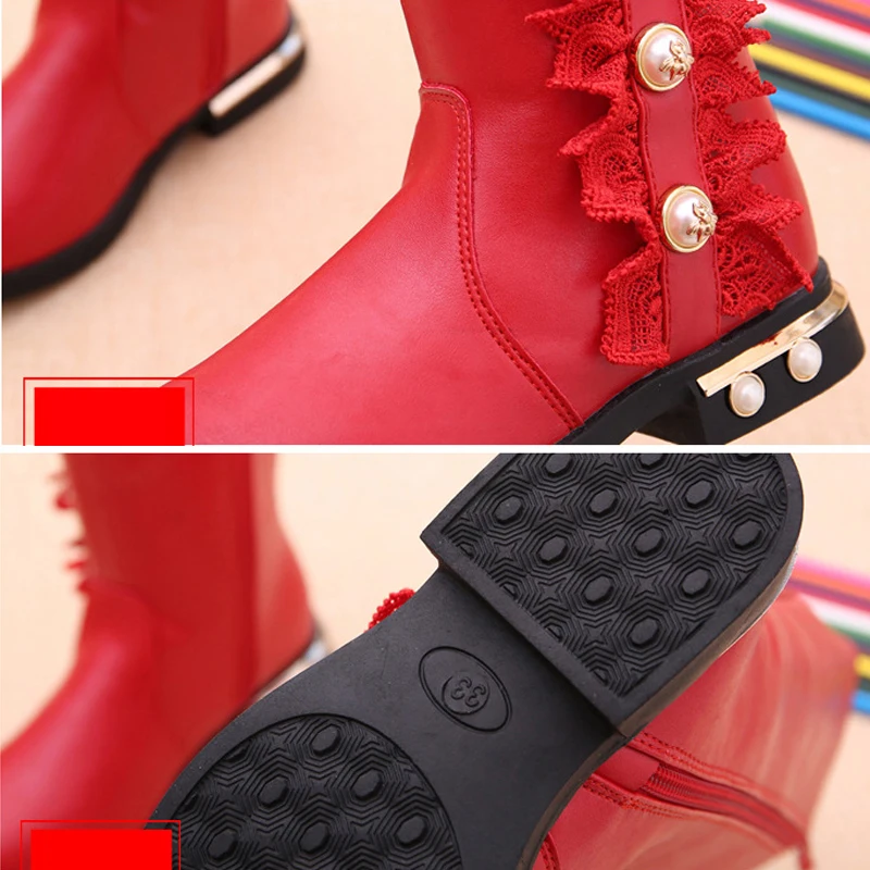 Детские зимние ботинки на плоской подошве со шнуровкой и бисером