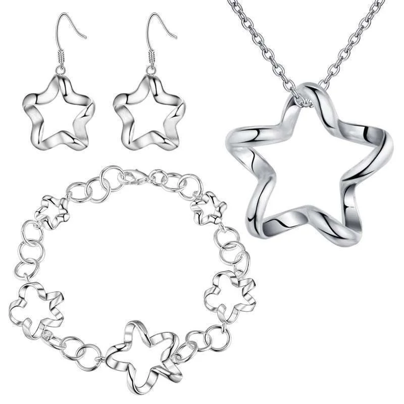 

New Fashion 2020 Exquisite Jewelry Silver Plated Ornaments Star Jewelry Flower Five-Star Necklace + Earrings + Bracelet Jewelry