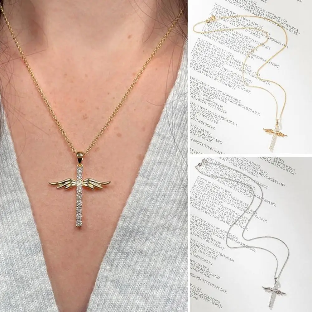 

Fashion Gold Color Angel Cross Pendant Necklaces For Women Zircon Diamonds Gemstone Choker Jewelry Bijoux Gifts Hot