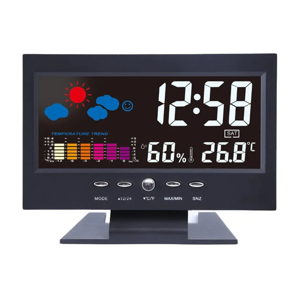 

Digital Thermometer Hygrometer Weather Station Alarm Clock Temperature Gauge Colorful LCD Calendar Voice-activated