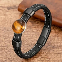 2021 new design natural round stone stainless steel mens leather bracelet braided rope chain fashion man jewelry wholesale