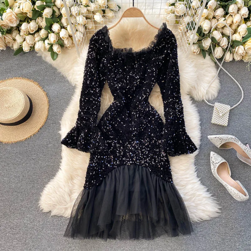 

Women Luxury Bling Bling Sequined Party Dress Ruffled Square Collar Flare Sleeve Patchwork Sequins Evening Dress TN762