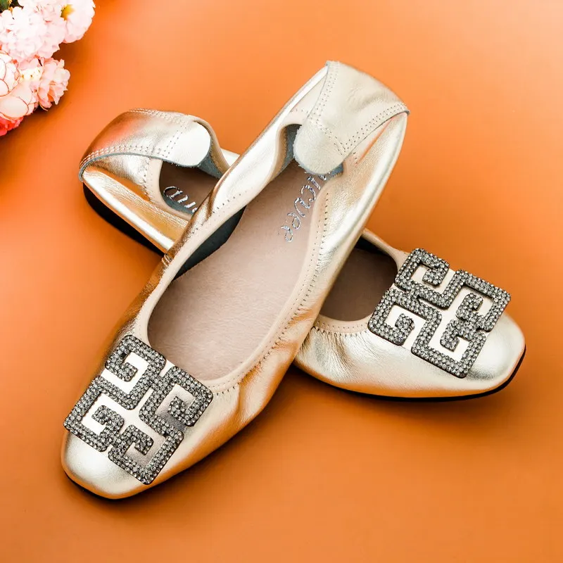 Genuine Leather Women Flats Spring Summer Slip-On Flat Shoes Square Toe Sapato Feminino Drop-shipping Rhinestone Women Ballerina