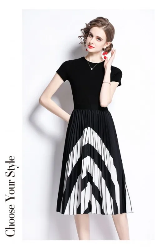 

Printed casual summer ladies 2-piece tops and skirt suits, all-match solid color slimming T-shirt tops and color-blocking pleate