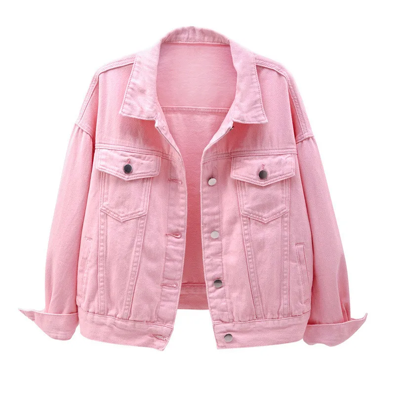 

Women's plus size denim jacket spring autumn short coat pink jean jackets casual tops purple yellow white loose outerwear
