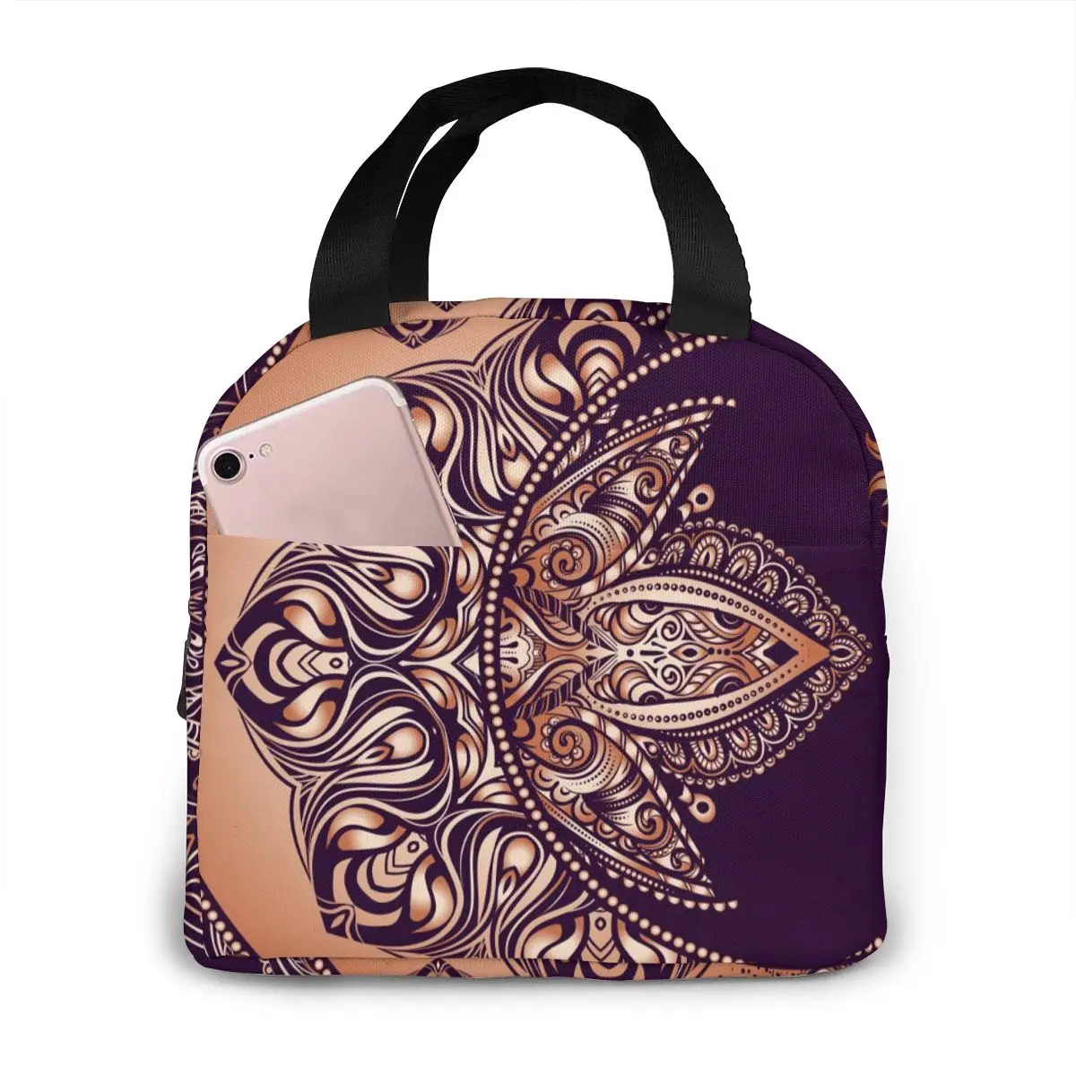 

Boho Crescent Moon And Sun Mandala Astrology Alchemy Box Bag Insulated Thermal Food Picnic Lunch Bag for Women Cooler Tote Bag