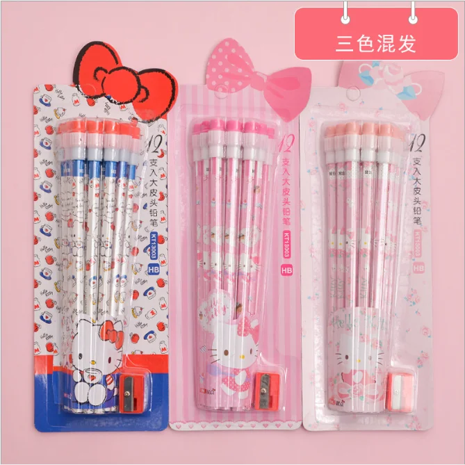 3 boxes 36 pcs 12 шт., деревянный набор карандашей, школьные принадлежности, канцелярские принадлежности, новинка, для девочек, hello kitty, резиновая точилка для карандашей, 6, 7 лет - Цвет: 3 boxes 36 pcs