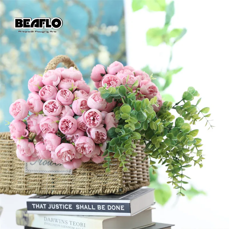 

1 Bouquet 21 heads Artificial Peony Tea Rose Flowers Silk Fake flores Wedding Flower DIY Home Garden Decoration fake plants