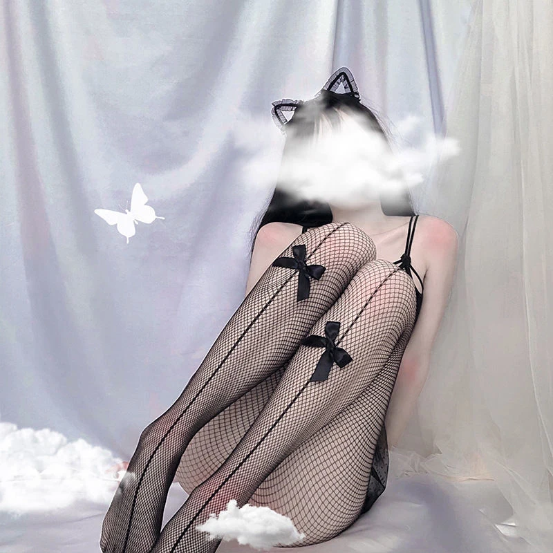 Женские колготки в стиле Лолиты стильные чулки до бедра с черным бантом сетчатые